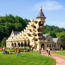 A whimsical and imaginative scene featuring the first and second neck vertebrae creatively transformed into a grand mansion