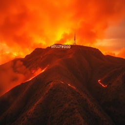A dramatic scene featuring a mountain engulfed in flames with the iconic Hollywood sign perched on top