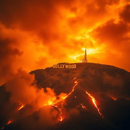 A dramatic scene featuring a mountain engulfed in flames with the iconic Hollywood sign perched on top