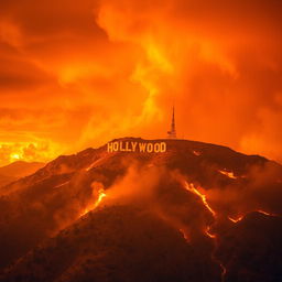 A dramatic scene featuring a mountain engulfed in flames with the iconic Hollywood sign perched on top
