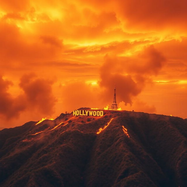 A dramatic scene featuring a mountain engulfed in flames with the iconic Hollywood sign perched on top