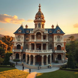 A grand mansion designed to visually represent the first two cervical vertebrae (C1 and C2) in the neck, conceptualized as a stunning architectural masterpiece