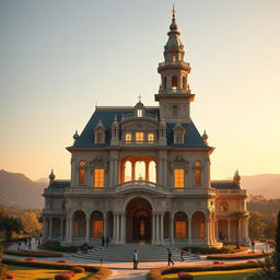 A grand mansion designed to visually represent the first two cervical vertebrae (C1 and C2) in the neck, conceptualized as a stunning architectural masterpiece