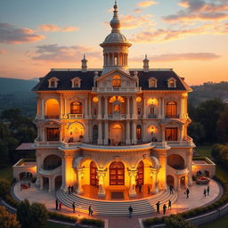 A grand mansion designed to visually represent the first two cervical vertebrae (C1 and C2) in the neck, conceptualized as a stunning architectural masterpiece