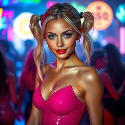 A captivating young blonde woman with a petite and slender body, dressed in a glossy latex catsuit that accentuates her curves