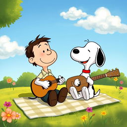 A charming and heartwarming illustration showing Snoopy, the iconic Peanuts character, joyfully interacting with Jorge Drexler, the celebrated Uruguayan musician