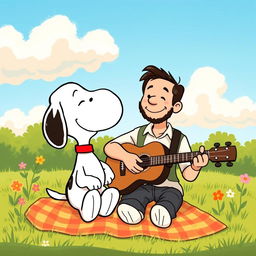 A charming and heartwarming illustration showing Snoopy, the iconic Peanuts character, joyfully interacting with Jorge Drexler, the celebrated Uruguayan musician