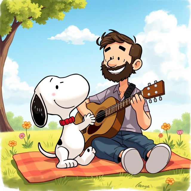 A charming and heartwarming illustration showing Snoopy, the iconic Peanuts character, joyfully interacting with Jorge Drexler, the celebrated Uruguayan musician