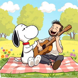 A charming and heartwarming illustration showing Snoopy, the iconic Peanuts character, joyfully interacting with Jorge Drexler, the celebrated Uruguayan musician