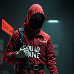 A man wearing a Squid Game uniform, specifically the iconic red jumpsuit with a black mask, stands assertively in a tense stance