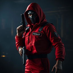 A man wearing a Squid Game uniform, specifically the iconic red jumpsuit with a black mask, stands assertively in a tense stance