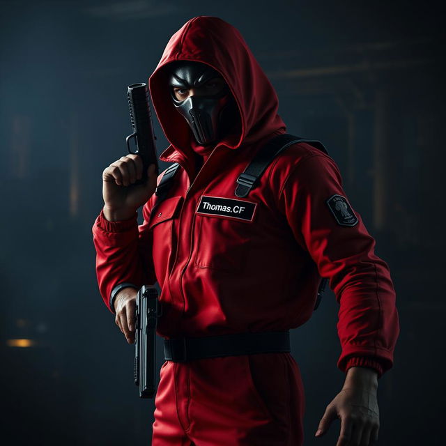 A man wearing a Squid Game uniform, specifically the iconic red jumpsuit with a black mask, stands assertively in a tense stance