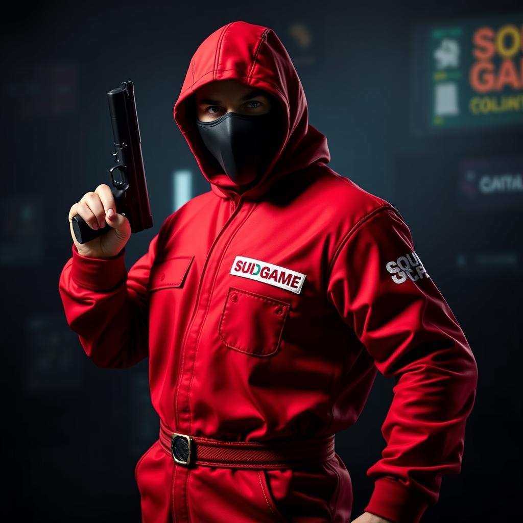 A man wearing a Squid Game uniform, specifically the iconic red jumpsuit with a black mask, stands assertively in a tense stance