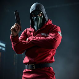 A man wearing a Squid Game uniform, specifically the iconic red jumpsuit with a black mask, stands assertively in a tense stance