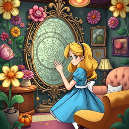 An illustration featuring Alice from 'Alice in Wonderland' in a whimsical escape room setting