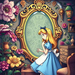 An illustration featuring Alice from 'Alice in Wonderland' in a whimsical escape room setting