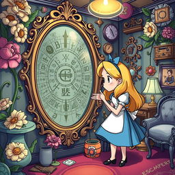 An illustration featuring Alice from 'Alice in Wonderland' in a whimsical escape room setting