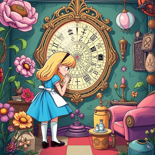 An illustration featuring Alice from 'Alice in Wonderland' in a whimsical escape room setting