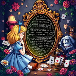 A beautifully illustrated scene depicting Alice from 'Alice in Wonderland' solving an escape room puzzle