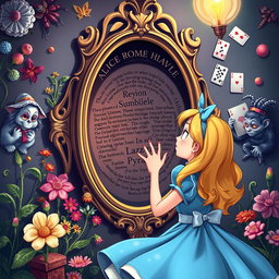 A beautifully illustrated scene depicting Alice from 'Alice in Wonderland' solving an escape room puzzle