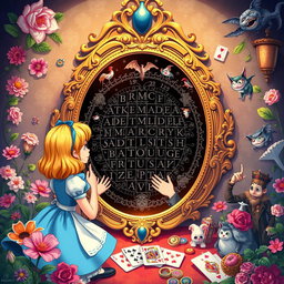 A beautifully illustrated scene depicting Alice from 'Alice in Wonderland' solving an escape room puzzle