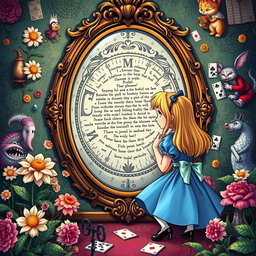 A beautifully illustrated scene depicting Alice from 'Alice in Wonderland' solving an escape room puzzle