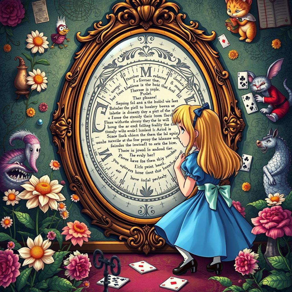 A beautifully illustrated scene depicting Alice from 'Alice in Wonderland' solving an escape room puzzle