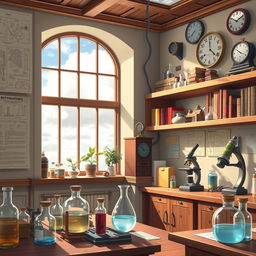 A vibrant and detailed 2D anime-style background for a YouTube channel featuring a scientific laboratory inspired by the 1930s