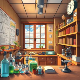 A vibrant and detailed 2D anime-style background for a YouTube channel featuring a scientific laboratory inspired by the 1930s