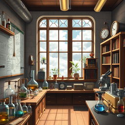 A vibrant and detailed 2D anime-style background for a YouTube channel featuring a scientific laboratory inspired by the 1930s