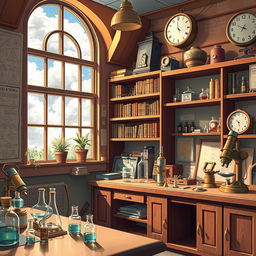 A vibrant and detailed 2D anime-style background for a YouTube channel featuring a scientific laboratory inspired by the 1930s