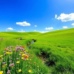 A serene landscape featuring a lush green meadow under a bright blue sky