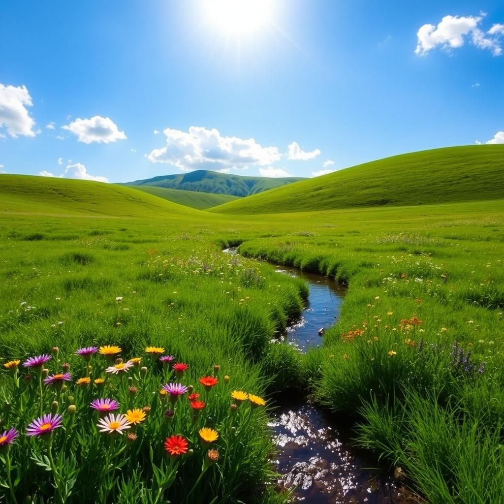 A serene landscape featuring a lush green meadow under a bright blue sky
