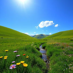 A serene landscape featuring a lush green meadow under a bright blue sky