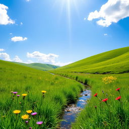 A serene landscape featuring a lush green meadow under a bright blue sky