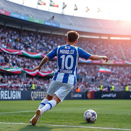 A soccer player resembling Lionel Messi, wearing a blue and white Independence Tehran jersey featuring the name 'Mamad_CF' on the back