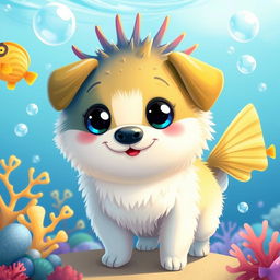 A whimsical fusion of a dog and a pufferfish, showcasing the playful features of both animals