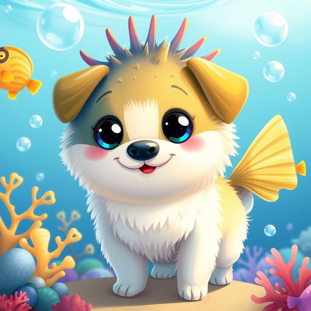 A whimsical fusion of a dog and a pufferfish, showcasing the playful features of both animals