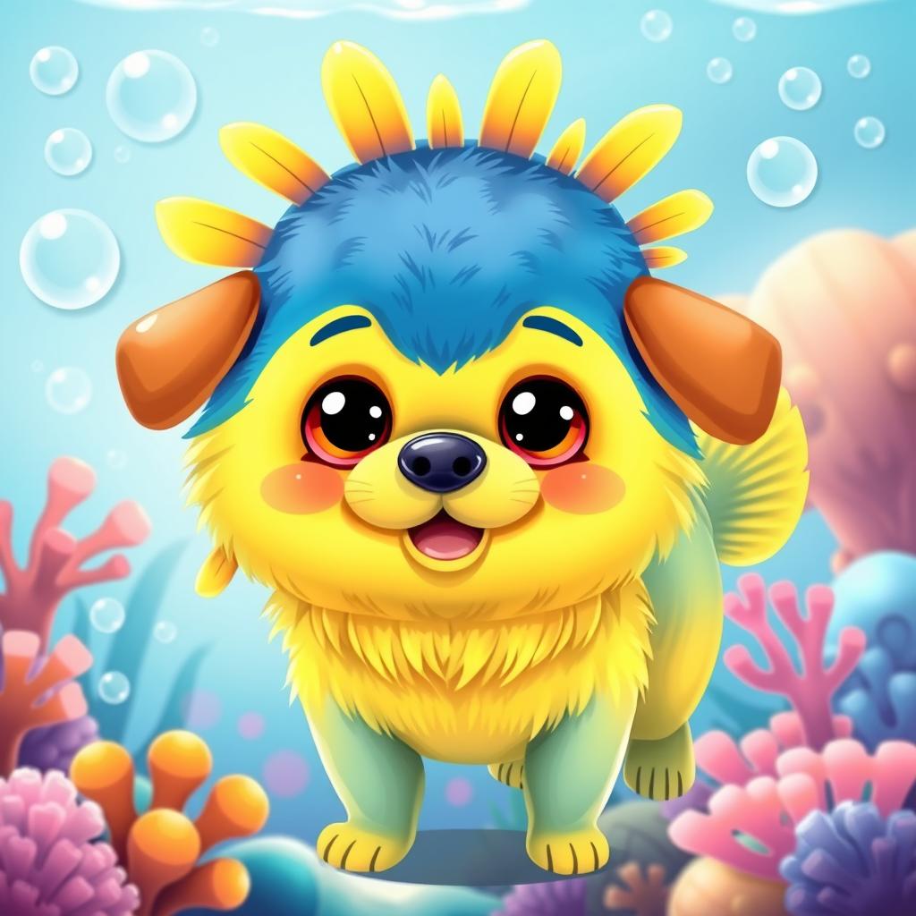 A whimsical fusion of a dog and a pufferfish, showcasing the playful features of both animals