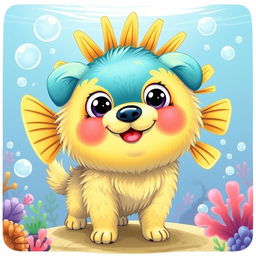 A whimsical fusion of a dog and a pufferfish, showcasing the playful features of both animals