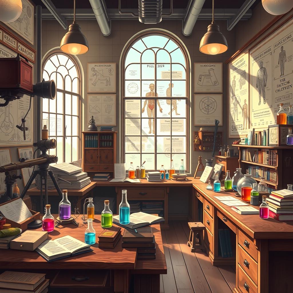 A vibrant 2D anime-style background for a YouTube channel featuring a scientific laboratory inspired by the 1930s