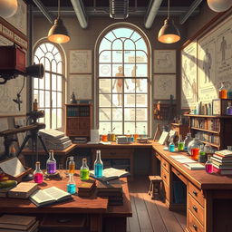 A vibrant 2D anime-style background for a YouTube channel featuring a scientific laboratory inspired by the 1930s