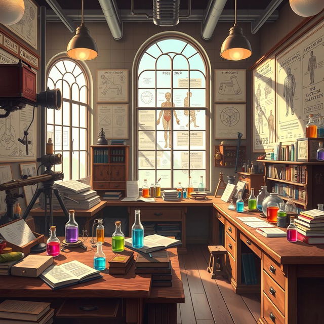 A vibrant 2D anime-style background for a YouTube channel featuring a scientific laboratory inspired by the 1930s