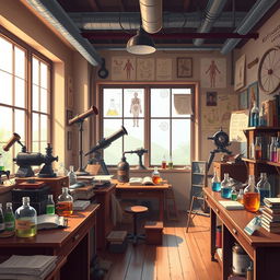 A vibrant 2D anime-style background for a YouTube channel featuring a scientific laboratory inspired by the 1930s