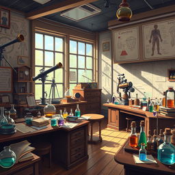 A vibrant 2D anime-style background for a YouTube channel featuring a scientific laboratory inspired by the 1930s