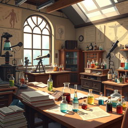 A vibrant 2D anime-style background for a YouTube channel featuring a scientific laboratory inspired by the 1930s