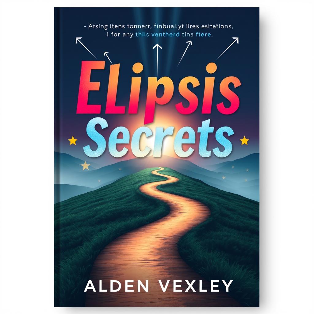 A book cover design titled 'Elipsis Secrets' by Alden Vexley, featuring a serene landscape with a winding path leading toward a bright horizon, symbolizing transformation