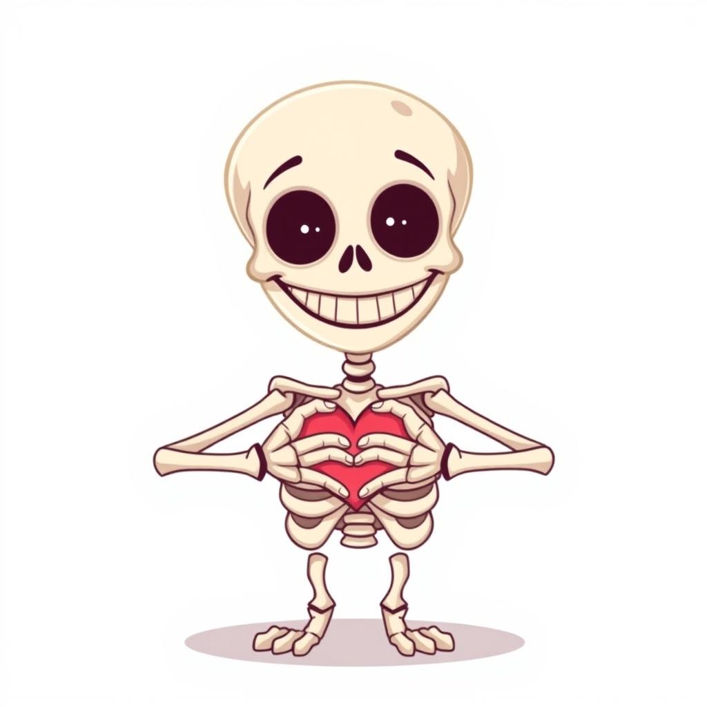 A whimsical and playful illustration of a cartoonish skeleton expressing love with its hands, featuring a wide, friendly smile