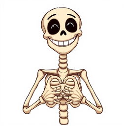 A whimsical and playful illustration of a cartoonish skeleton expressing love with its hands, featuring a wide, friendly smile