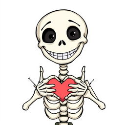 A whimsical and playful illustration of a cartoonish skeleton expressing love with its hands, featuring a wide, friendly smile